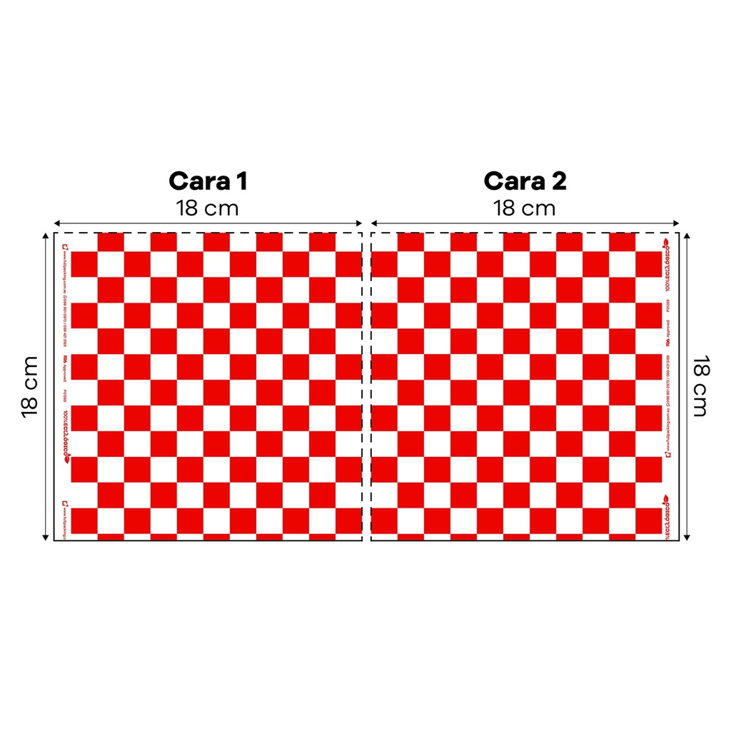 3002 BOLSILLO BLANCO IMPRESION CUADROS ROJOS 18X18 PAQ.100 U - Paq1000